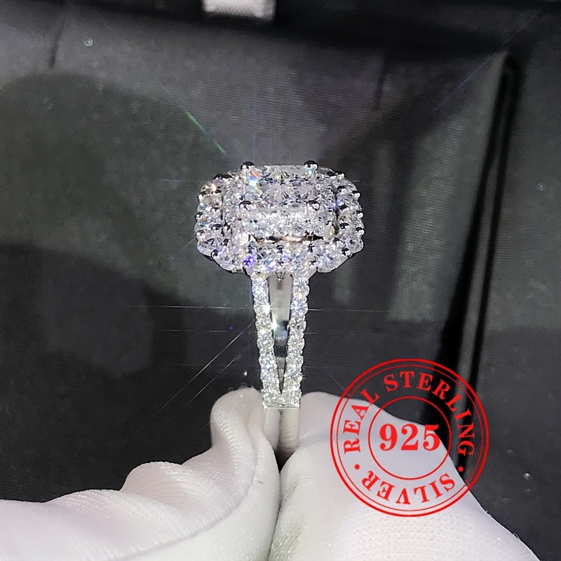925 Sterling Silver Ring Elegant & Bling Style Shiny Square Cubic Zirconia Decor Engagement Ring Jewelry for Wedding & Party Accessory Gifts for Women