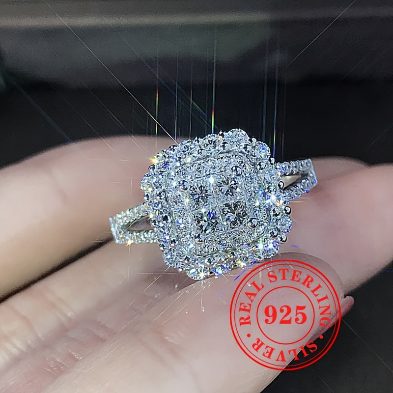 925 Sterling Silver Ring Elegant & Bling Style Shiny Square Cubic Zirconia Decor Engagement Ring Jewelry for Wedding & Party Accessory Gifts for Women