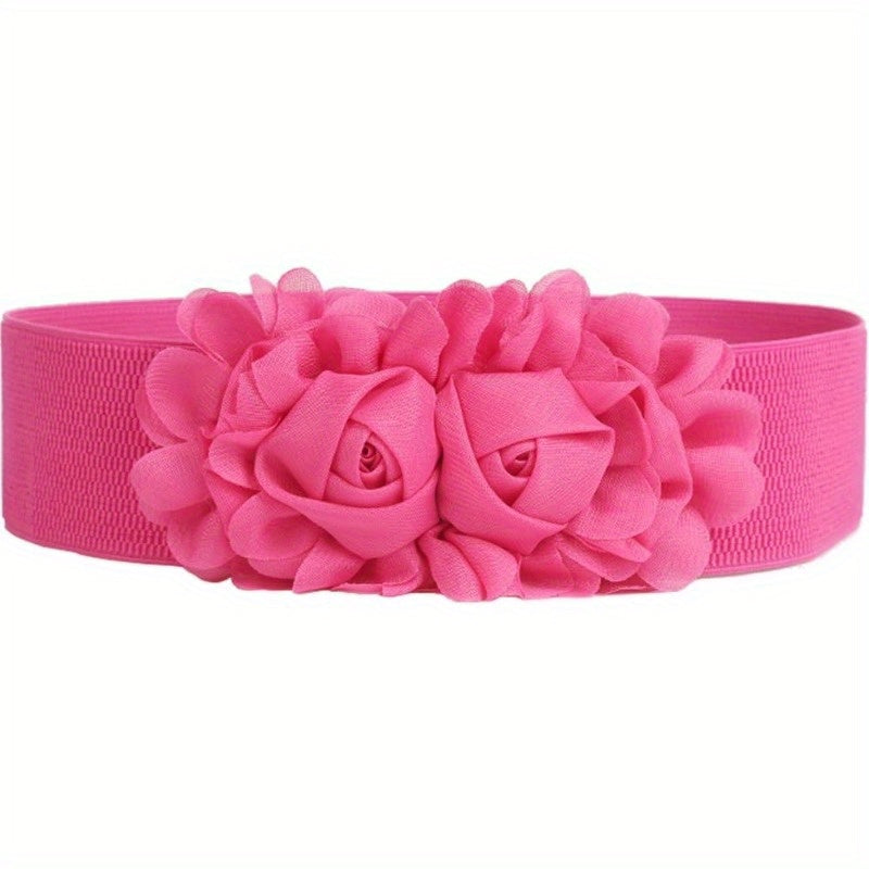 Women'S Elastic Stretch Wide Rose Double-Flower Waist Belts for Dress