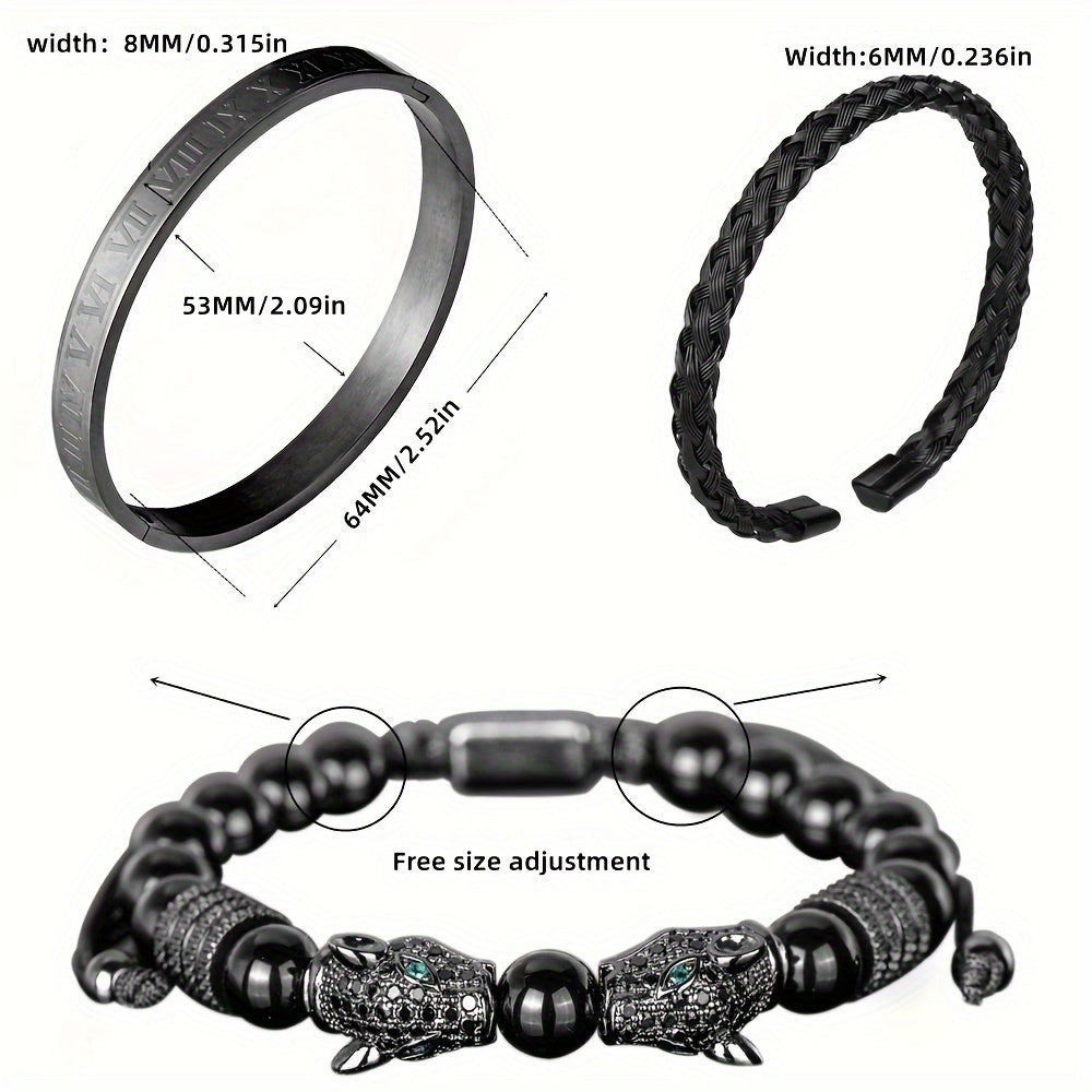 3PCS Mens Premium Black Agate Beaded Bracelet Set - Double Leopard Head, Roman Numerals, Adjustable Braided Design - Stylish Retro Style Unisex Fashion Accessory
