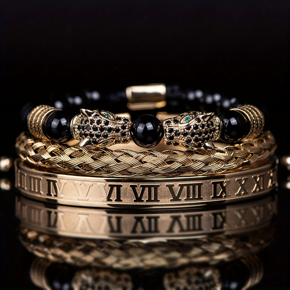 3PCS Mens Premium Black Agate Beaded Bracelet Set - Double Leopard Head, Roman Numerals, Adjustable Braided Design - Stylish Retro Style Unisex Fashion Accessory