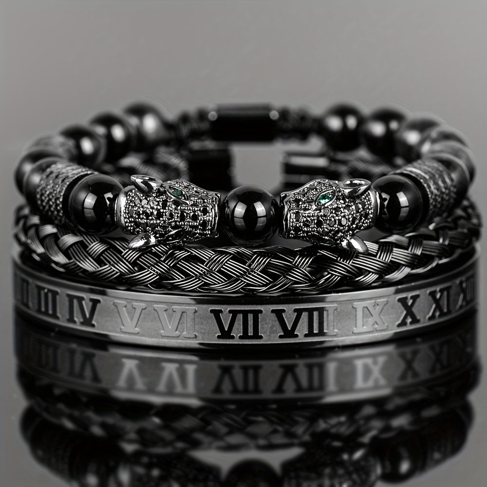 3PCS Mens Premium Black Agate Beaded Bracelet Set - Double Leopard Head, Roman Numerals, Adjustable Braided Design - Stylish Retro Style Unisex Fashion Accessory