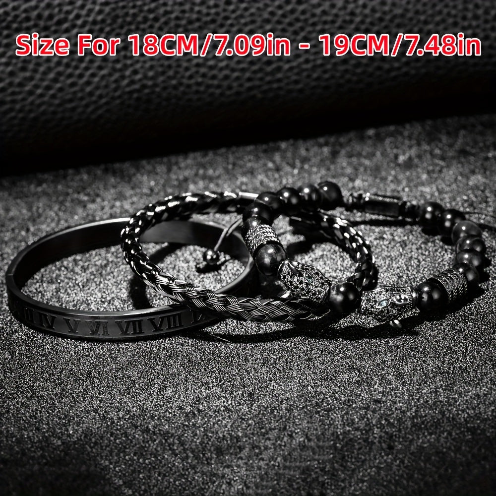 3PCS Mens Premium Black Agate Beaded Bracelet Set - Double Leopard Head, Roman Numerals, Adjustable Braided Design - Stylish Retro Style Unisex Fashion Accessory