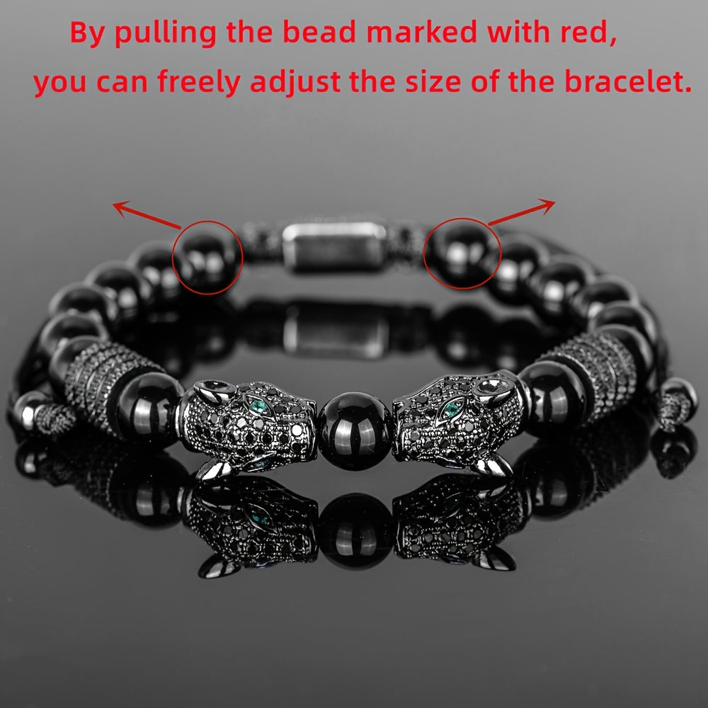 3PCS Mens Premium Black Agate Beaded Bracelet Set - Double Leopard Head, Roman Numerals, Adjustable Braided Design - Stylish Retro Style Unisex Fashion Accessory