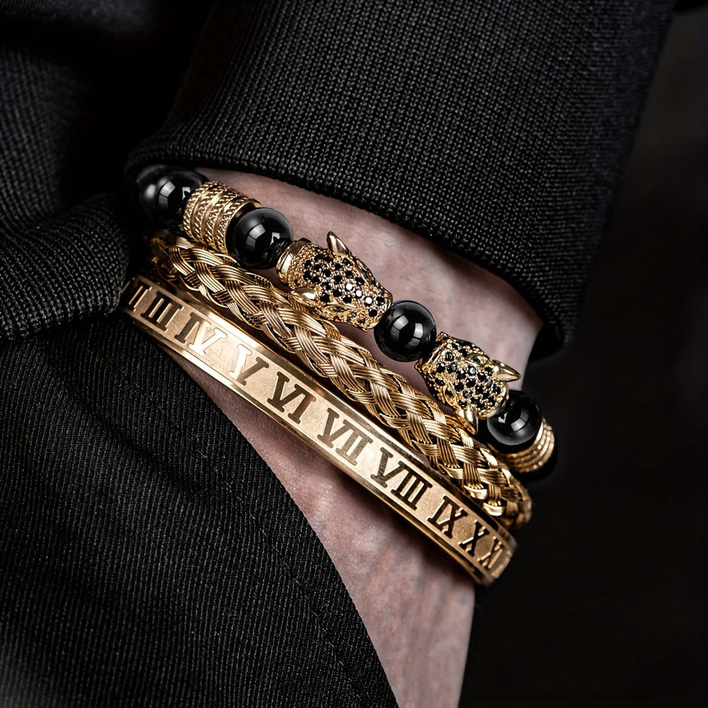 3PCS Mens Premium Black Agate Beaded Bracelet Set - Double Leopard Head, Roman Numerals, Adjustable Braided Design - Stylish Retro Style Unisex Fashion Accessory