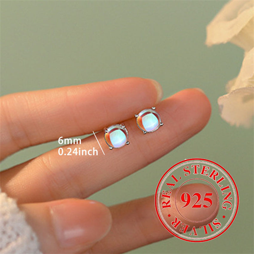 925 Silver Pure Silver Low-allergenic Moonstone Round Earrings, Exquisite Jewelry Earrings for Women
