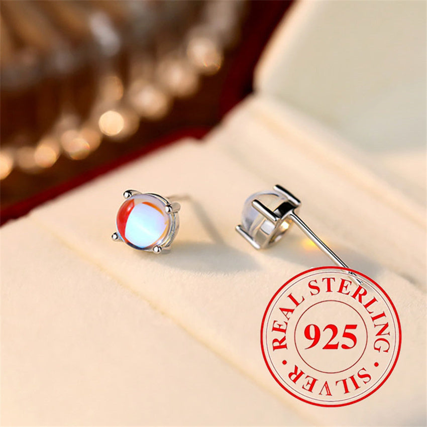 925 Silver Pure Silver Low-allergenic Moonstone Round Earrings, Exquisite Jewelry Earrings for Women