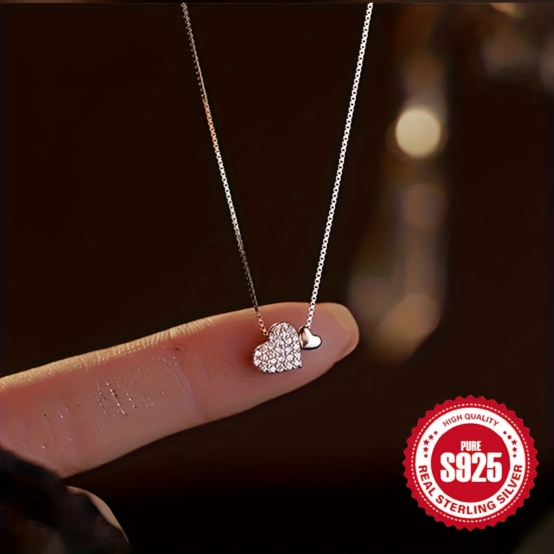 925 Sterling Silver Women's Love Heart Inlaid Zirconia Pendant Necklace Hypoallergenic Luxury Simple Heart-Shaped Clavicle Chain