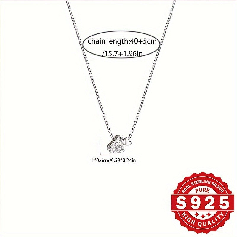 925 Sterling Silver Women's Love Heart Inlaid Zirconia Pendant Necklace Hypoallergenic Luxury Simple Heart-Shaped Clavicle Chain