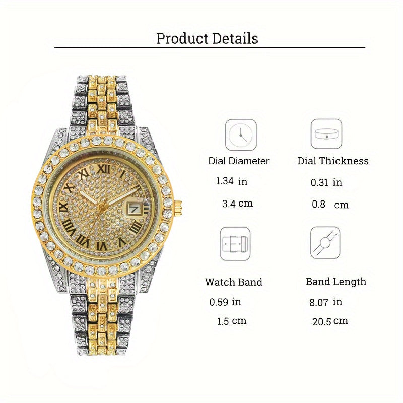 4pcs Men's Hip-Hop Rhinestone Jewelry Set with Quartz Watch (Calendar & Analog) & Matching Cross Pendant Necklace & Bracelet - & Special Occasion, Luxury Gift for Him - Low-Voltage Operation Suitable for Parties, Nightclubs, Weddings, Casual Attire