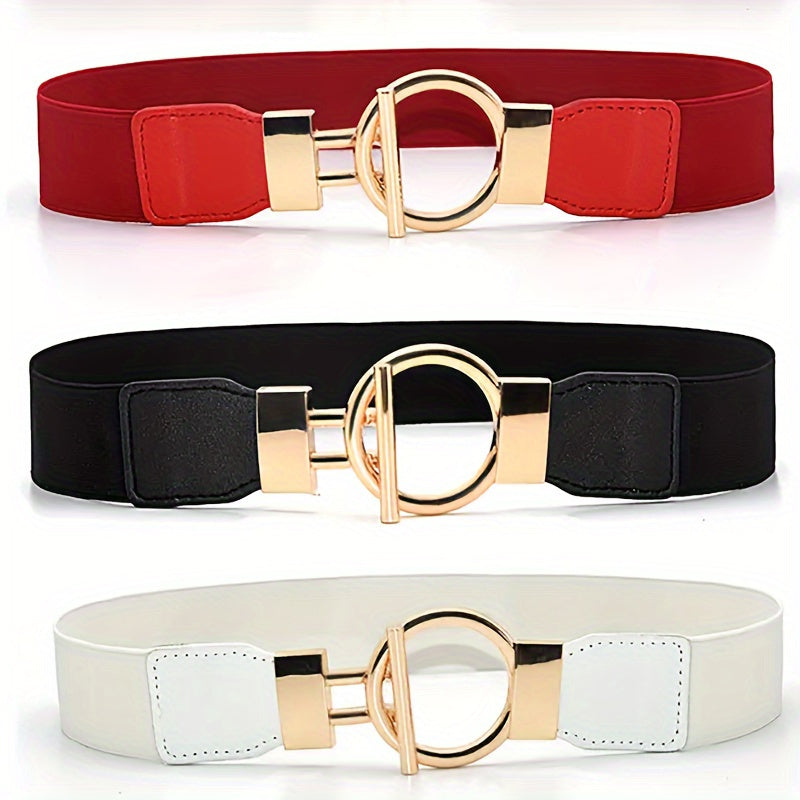 3pcss Women'S Daily Essentials, 3pcs Set with Round Buckle Wide Waistband, Classic Solid Color Elastic Waistband, Elegant Outerwear Waistband, a Must-Have Gift