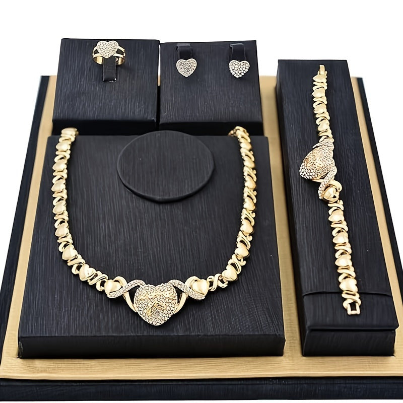 5pcs Dubai/European Style Jewelry Sets, Heart Necklace/Ring/Bracelet And Earrings, Luxury Bohemian Design for Weddings, Parties And Formal Occasions, Perfect Gift Sets for Valentine'S Day, Classic African Jewelry