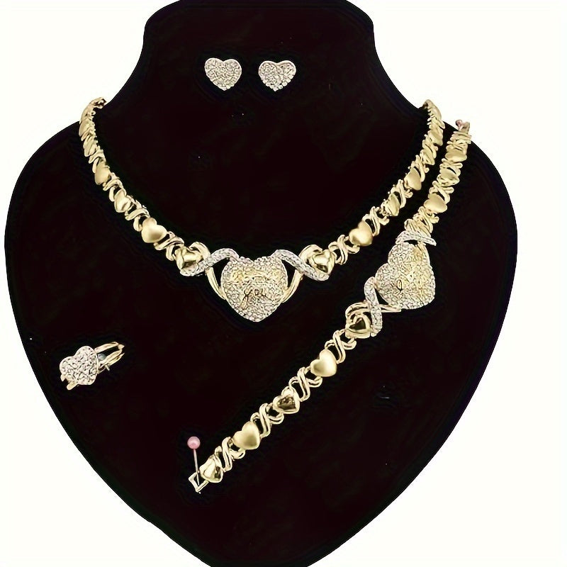 5pcs Dubai/European Style Jewelry Sets, Heart Necklace/Ring/Bracelet And Earrings, Luxury Bohemian Design for Weddings, Parties And Formal Occasions, Perfect Gift Sets for Valentine'S Day, Classic African Jewelry