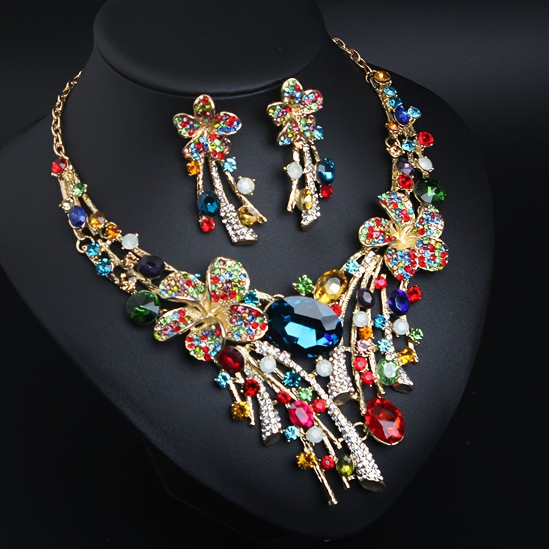 Bohemian Flower Necklace and Earrings Set with Vibrant, 3-Piece Fashion Jewelry for Women, Perfect Gift for Parties, Weddings, and Special Occasions