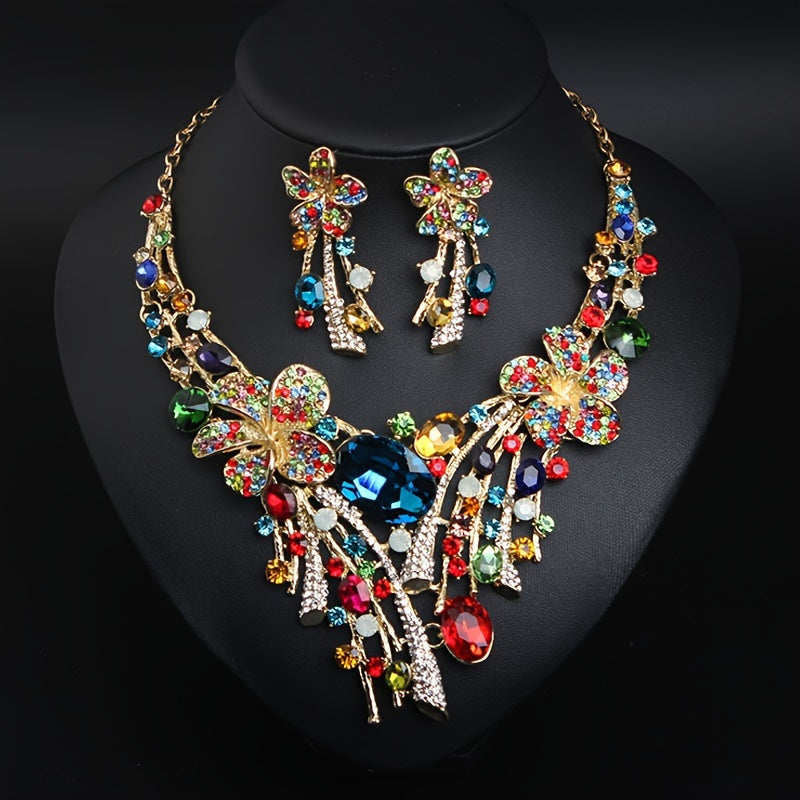 Bohemian Flower Necklace and Earrings Set with Vibrant, 3-Piece Fashion Jewelry for Women, Perfect Gift for Parties, Weddings, and Special Occasions
