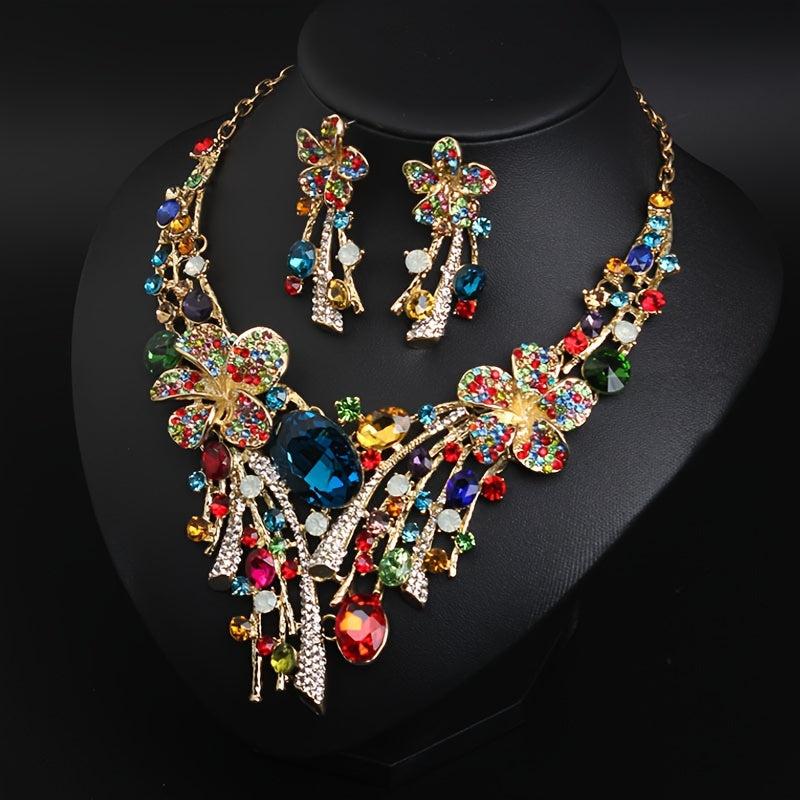 Bohemian Flower Necklace and Earrings Set with Vibrant, 3-Piece Fashion Jewelry for Women, Perfect Gift for Parties, Weddings, and Special Occasions