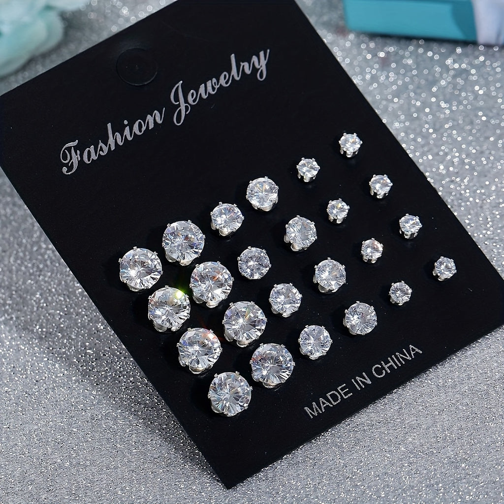 12 Pairs/ sets of Stylish 925 Silver Plated Earrings and Inlaid Synthetic Synthetic Zircon Simple Earrings for Men and Women Everyday Wear
