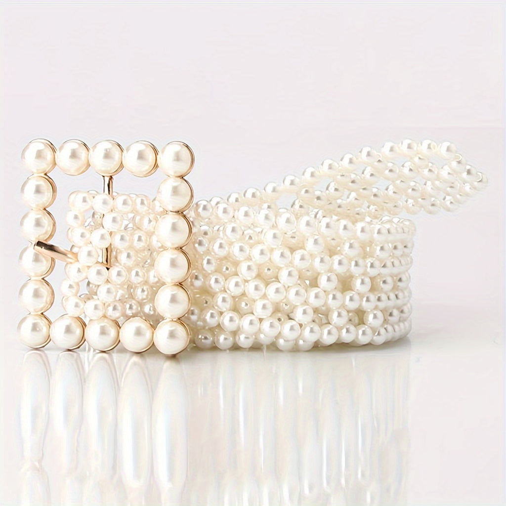 1pc Artificial Pearl Woven Belt Elegant Hollow White Belt Fashionable Adjustable Body Jewelry Dress Belt Women'S Versatile Fashion Simple Suitable for Weddings, Daily Commuting, Christmas, Halloween Gifts