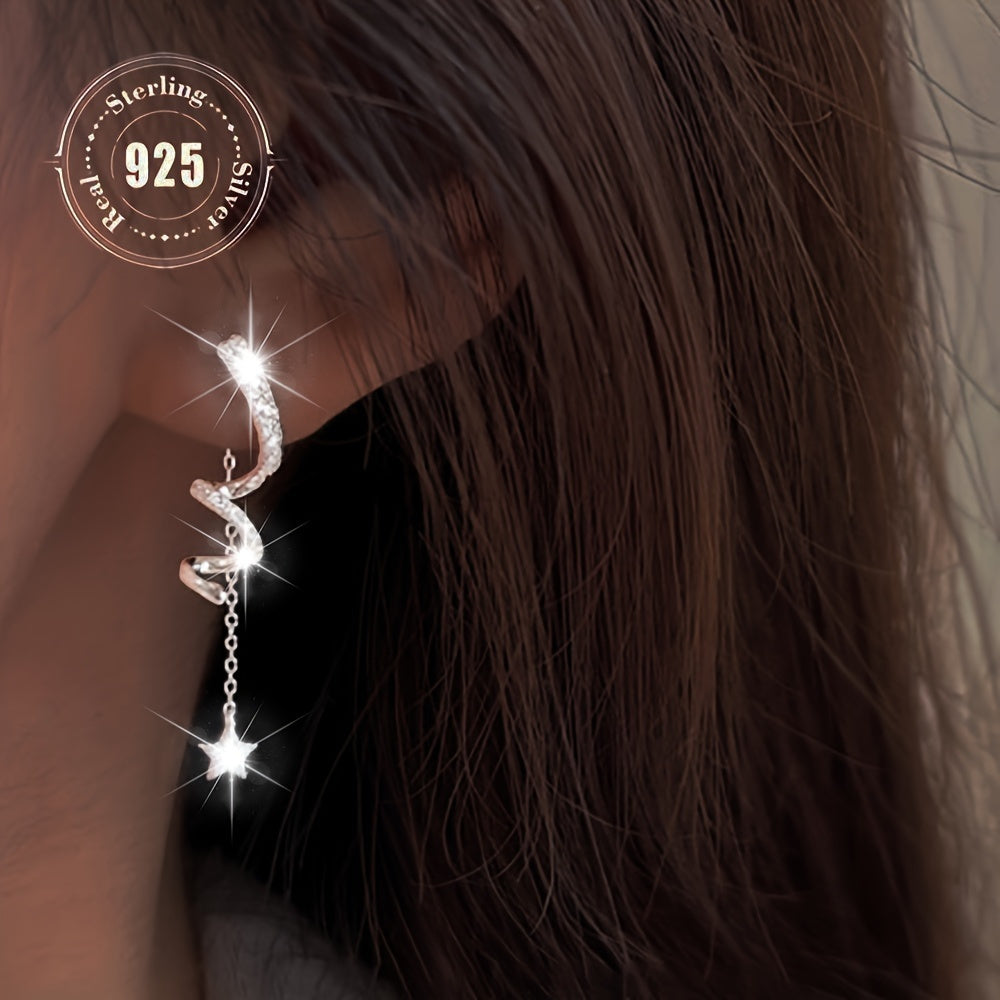 Elegant 925 Sterling Silvery Synthetic Zirconia Geometric Spiral Twisted Star Tassel Dangle Earrings, Versatile Fashion Drop Earrings for Women, Ideal for Parties And Daily Wear, Alloy Base, All Seasons Jewelry for Women Earrings Women Trendy