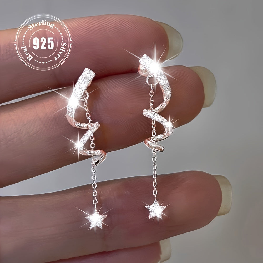 Elegant 925 Sterling Silvery Synthetic Zirconia Geometric Spiral Twisted Star Tassel Dangle Earrings, Versatile Fashion Drop Earrings for Women, Ideal for Parties And Daily Wear, Alloy Base, All Seasons Jewelry for Women Earrings Women Trendy