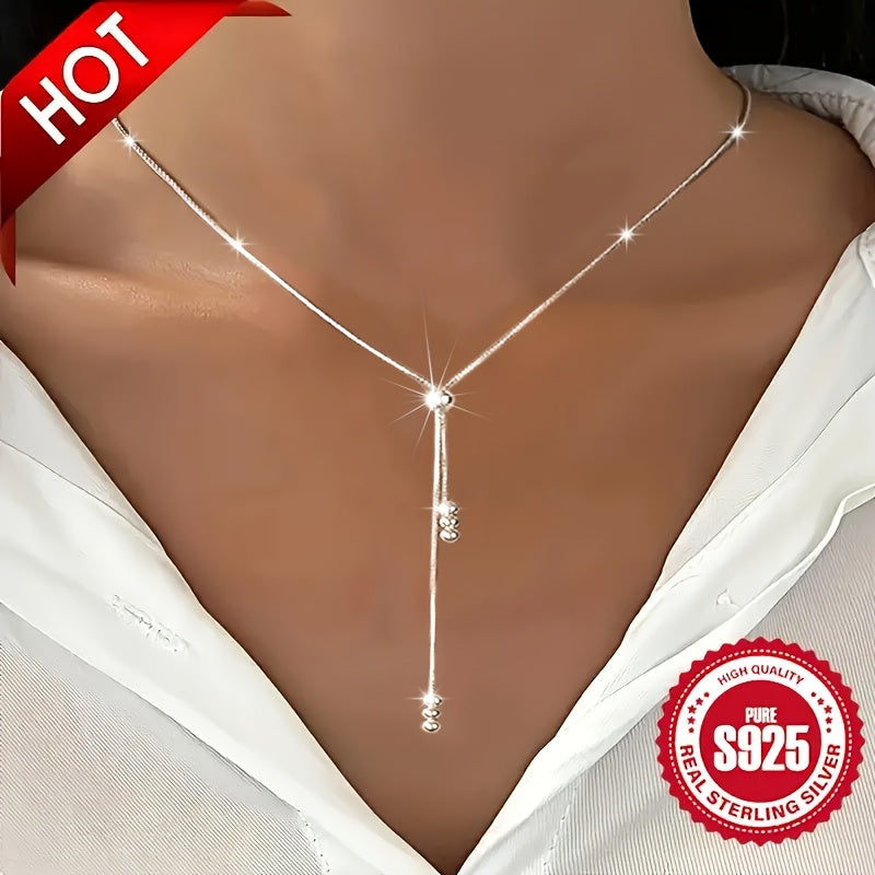 Elegant 925 Sterling Silver Y-Shape Necklace For Women, Adjustable Bead Slider, Simple Classic Design, Silver Plated, Hypoallergenic Versatile For All Seasons, Ideal For Daily Wear & Vacation, Perfect Christmas Gift