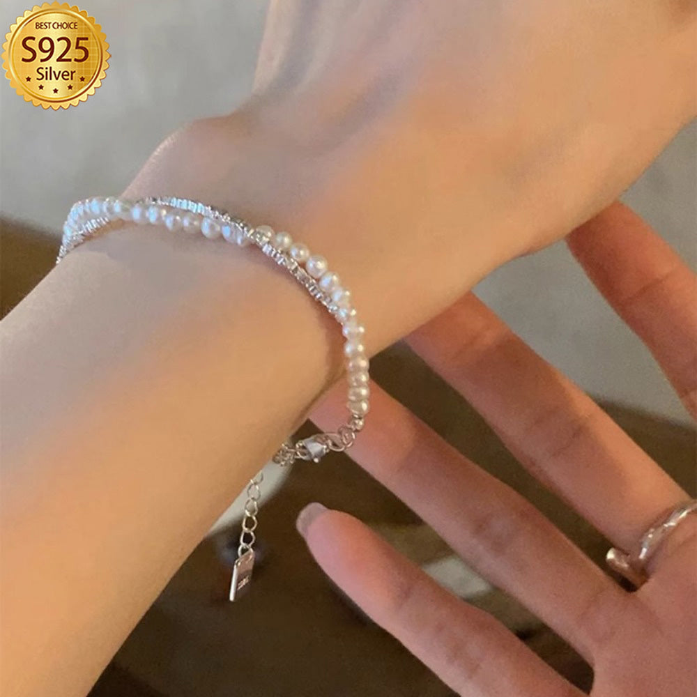 [Independence Day Jewelry Gift] Elegant 925 Sterling Silver Pearl Strand Bracelet with Shell Pearls, Double Layer Twist for Daily Wear and Gift-Giving, Luxurious Unique Style, Suitable for All Seasons - Independence Day Jewelry Gift (Silvery: 3.8g/ 0.14oz