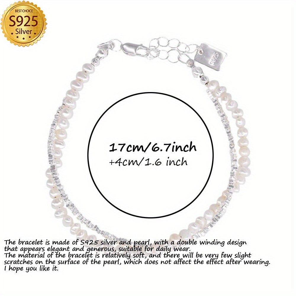 [Independence Day Jewelry Gift] Elegant 925 Sterling Silver Pearl Strand Bracelet with Shell Pearls, Double Layer Twist for Daily Wear and Gift-Giving, Luxurious Unique Style, Suitable for All Seasons - Independence Day Jewelry Gift (Silvery: 3.8g/ 0.14oz