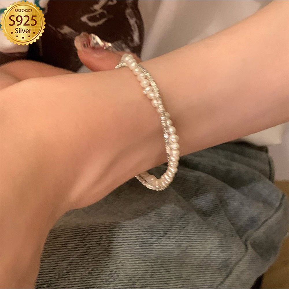 [Independence Day Jewelry Gift] Elegant 925 Sterling Silver Pearl Strand Bracelet with Shell Pearls, Double Layer Twist for Daily Wear and Gift-Giving, Luxurious Unique Style, Suitable for All Seasons - Independence Day Jewelry Gift (Silvery: 3.8g/ 0.14oz