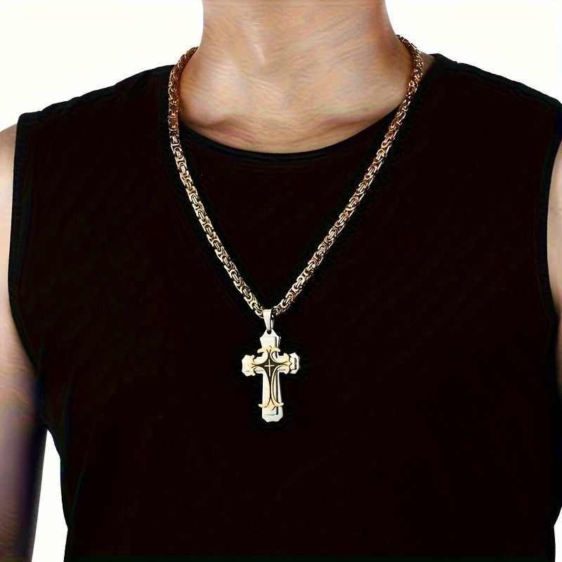 A Hypoallergenic, Elegantly Designed Double-Color Cross Pendant Necklace Made of 316 316 316L 316 316L Stainless Steel in Golden And, Perfect for Enhancing Autumn And Winter Attire, And an Ideal Valentine'S Day Present for a Loved One