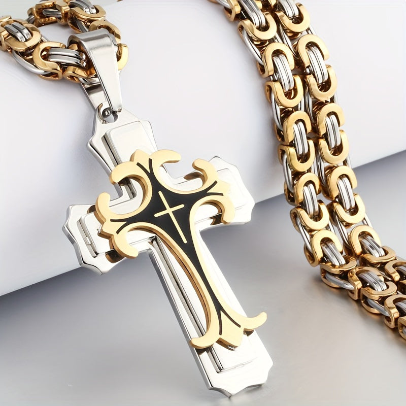 A Hypoallergenic, Elegantly Designed Double-Color Cross Pendant Necklace Made of 316 316 316L 316 316L Stainless Steel in Golden And, Perfect for Enhancing Autumn And Winter Attire, And an Ideal Valentine'S Day Present for a Loved One