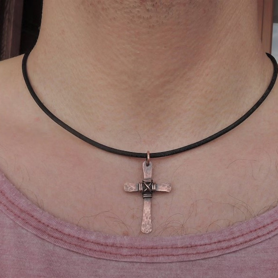 Vintage Hammered Copper Cross Necklace with Wire Wrapping - Unisex Christian Jewelry