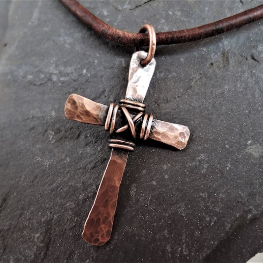 Vintage Hammered Copper Cross Necklace with Wire Wrapping - Unisex Christian Jewelry