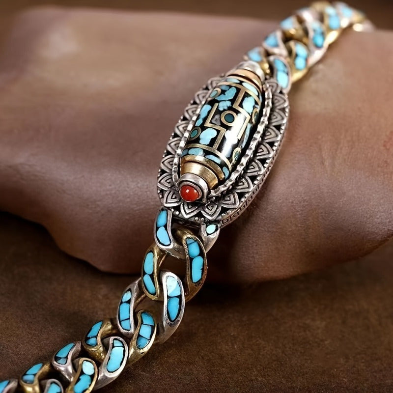 Cool and Unique Stainless Steel Chain Bracelet with Turquoise Beads for Men