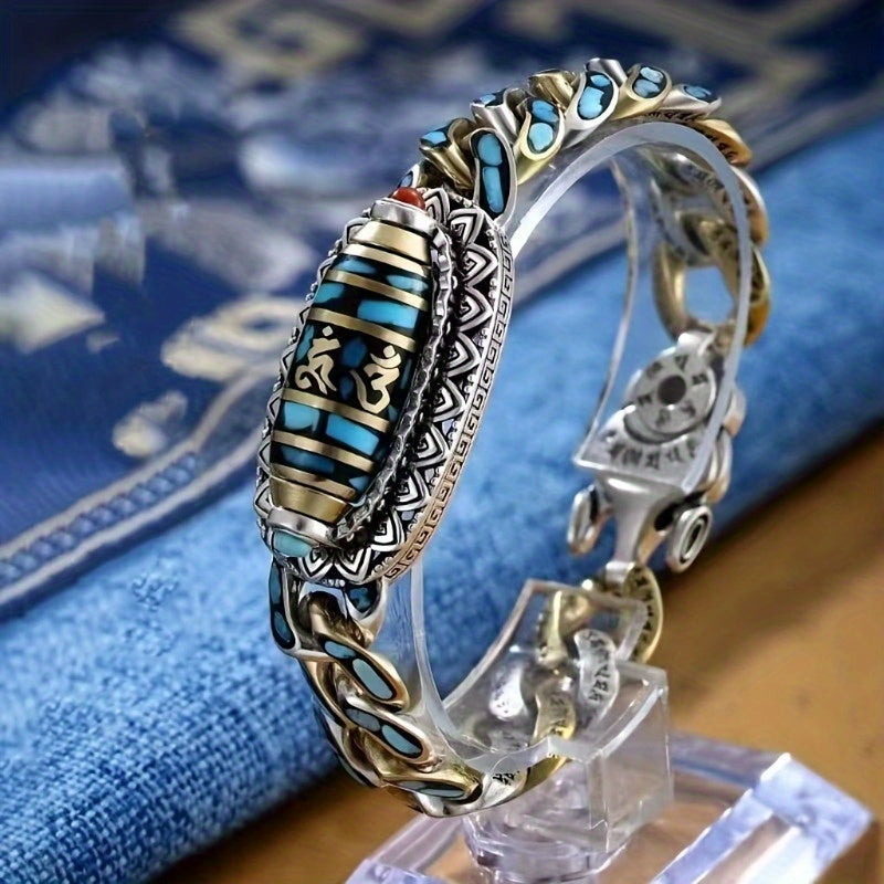 Cool and Unique Stainless Steel Chain Bracelet with Turquoise Beads for Men