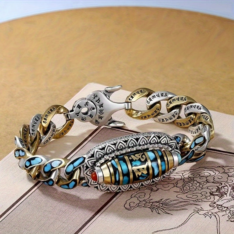 Cool and Unique Stainless Steel Chain Bracelet with Turquoise Beads for Men