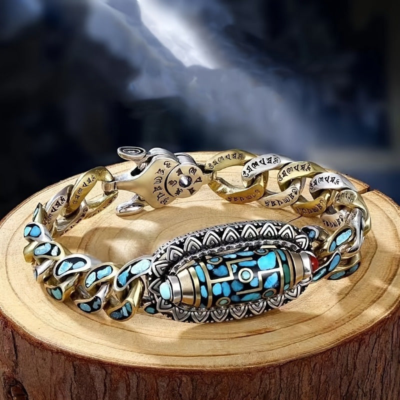 Cool and Unique Stainless Steel Chain Bracelet with Turquoise Beads for Men