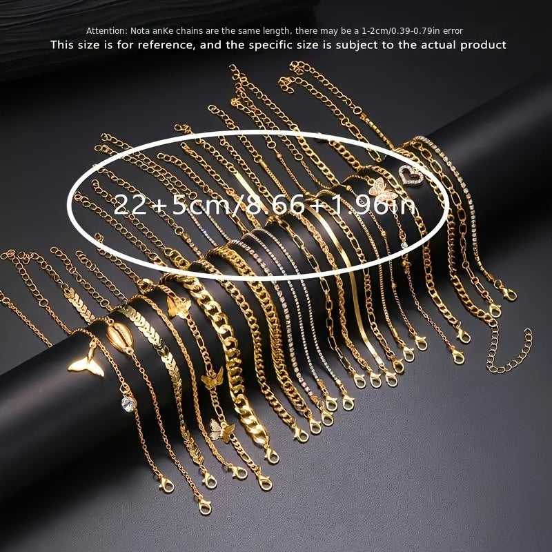 22 piece fashionable and elegant butterfly tail pendant metal ankle chain set suitable for girls' daily parties, trendy and fashionable ankle chain set, holiday gift fashion jewelry