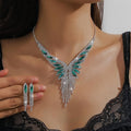 Luxurious Crystal Rhinestone & Green Gemstone Tassel Jewelry Set for Women, 3-Piece Set with Necklace and Earrings, Elegant Style, Perfect for Weddings, Parties, and Special Occasions