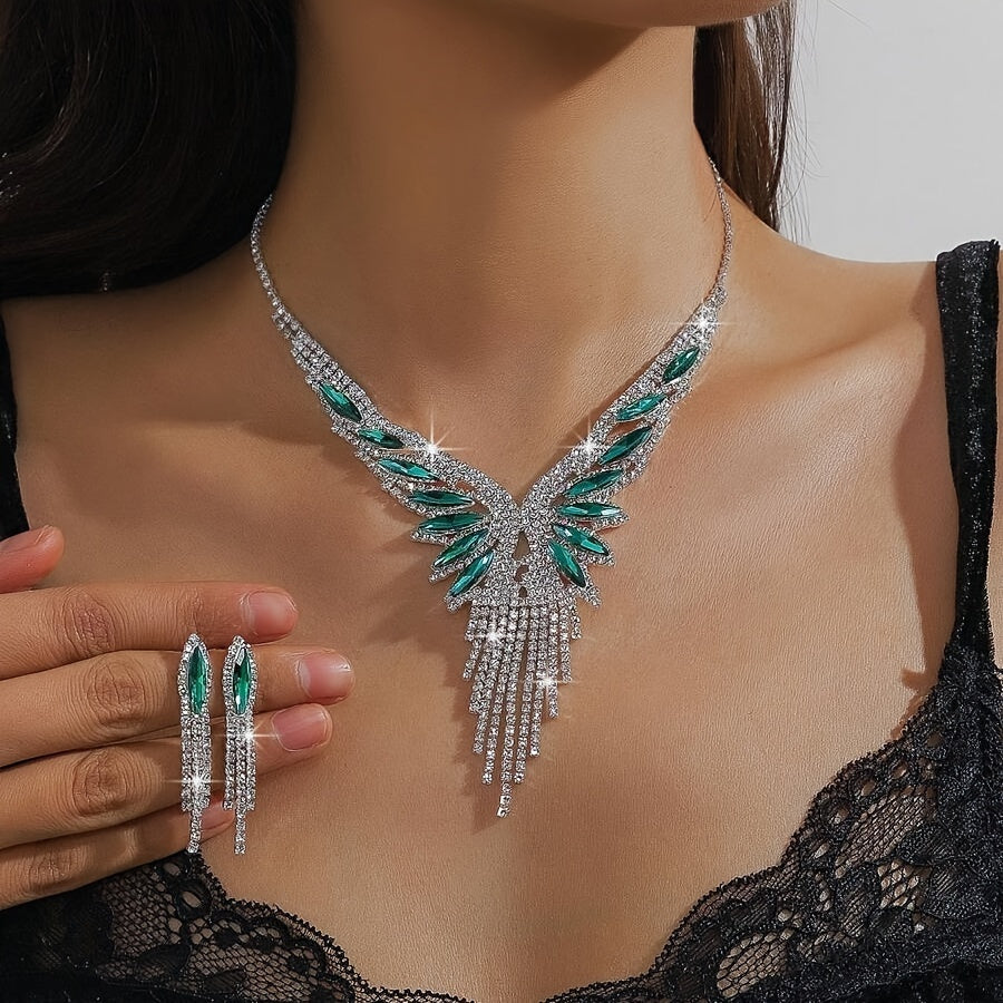 Luxurious Crystal Rhinestone & Green Gemstone Tassel Jewelry Set for Women, 3-Piece Set with Necklace and Earrings, Elegant Style, Perfect for Weddings, Parties, and Special Occasions