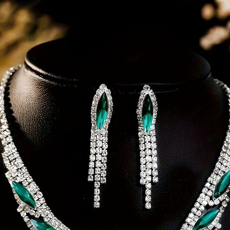 Luxurious Crystal Rhinestone & Green Gemstone Tassel Jewelry Set for Women, 3-Piece Set with Necklace and Earrings, Elegant Style, Perfect for Weddings, Parties, and Special Occasions