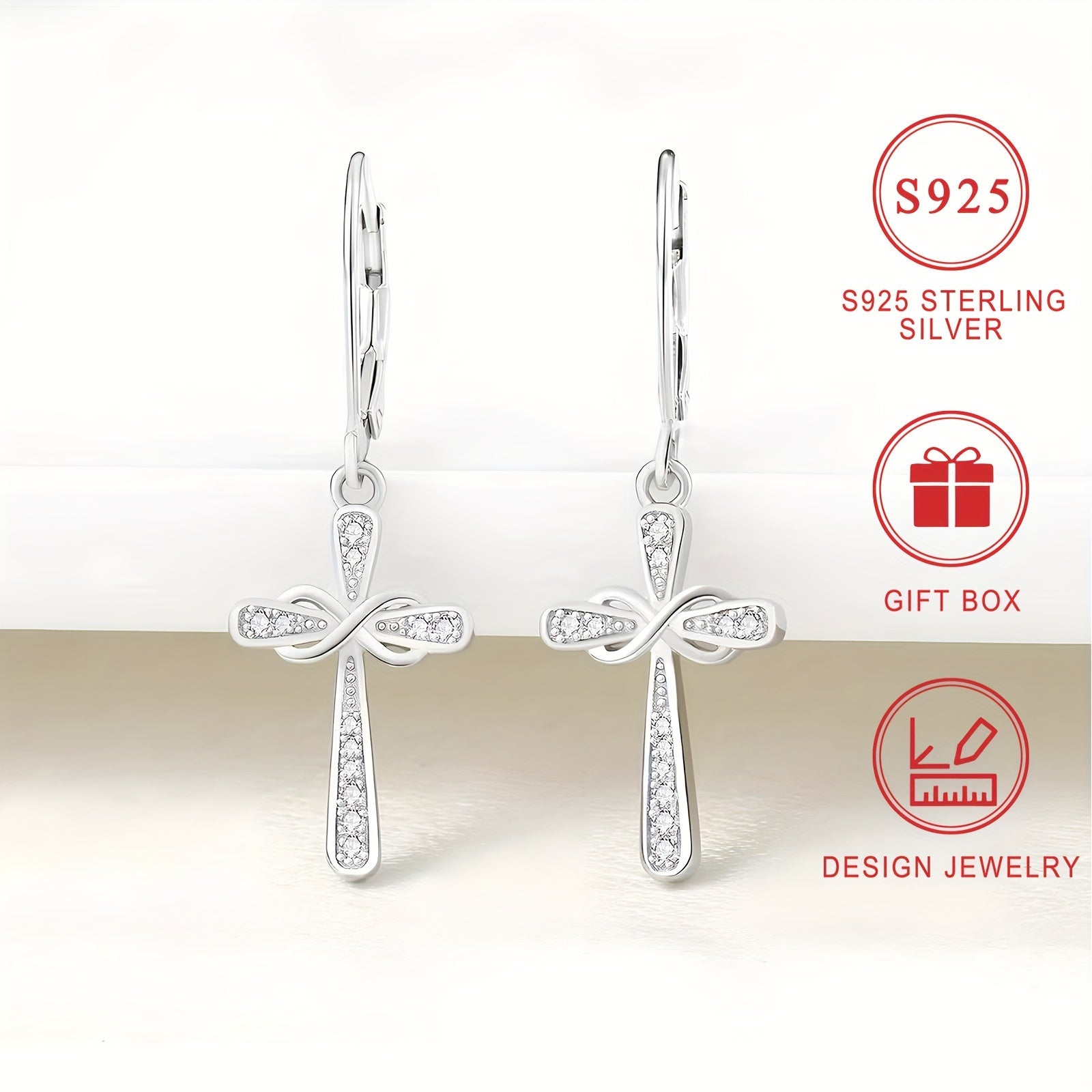 Exquisite Shiny 925 Sterling Silver Hypoallergenic Dangle Earrings - Cross Design with Zirconia Inlaid - Faithful Jewelry with Gift Box