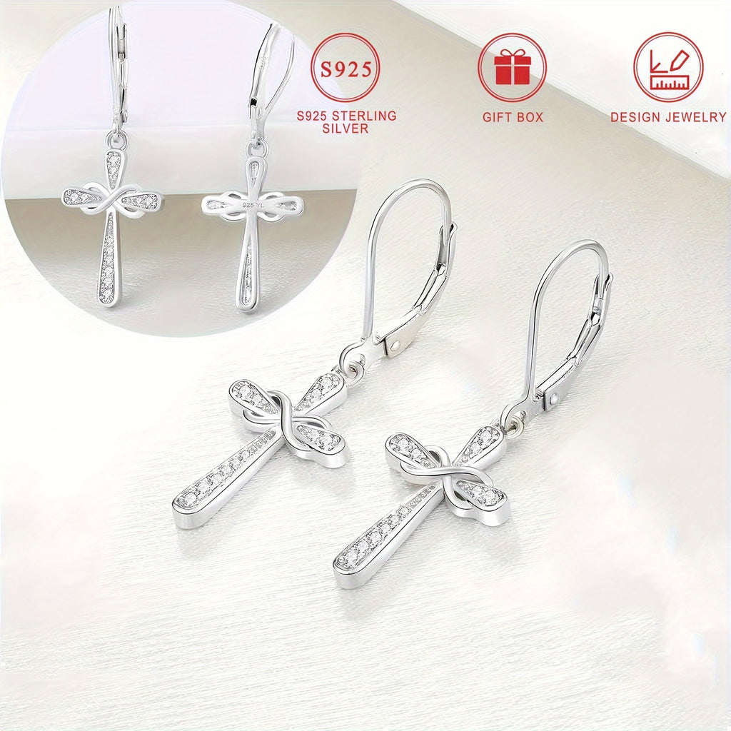 Exquisite Shiny 925 Sterling Silver Hypoallergenic Dangle Earrings - Cross Design with Zirconia Inlaid - Faithful Jewelry with Gift Box