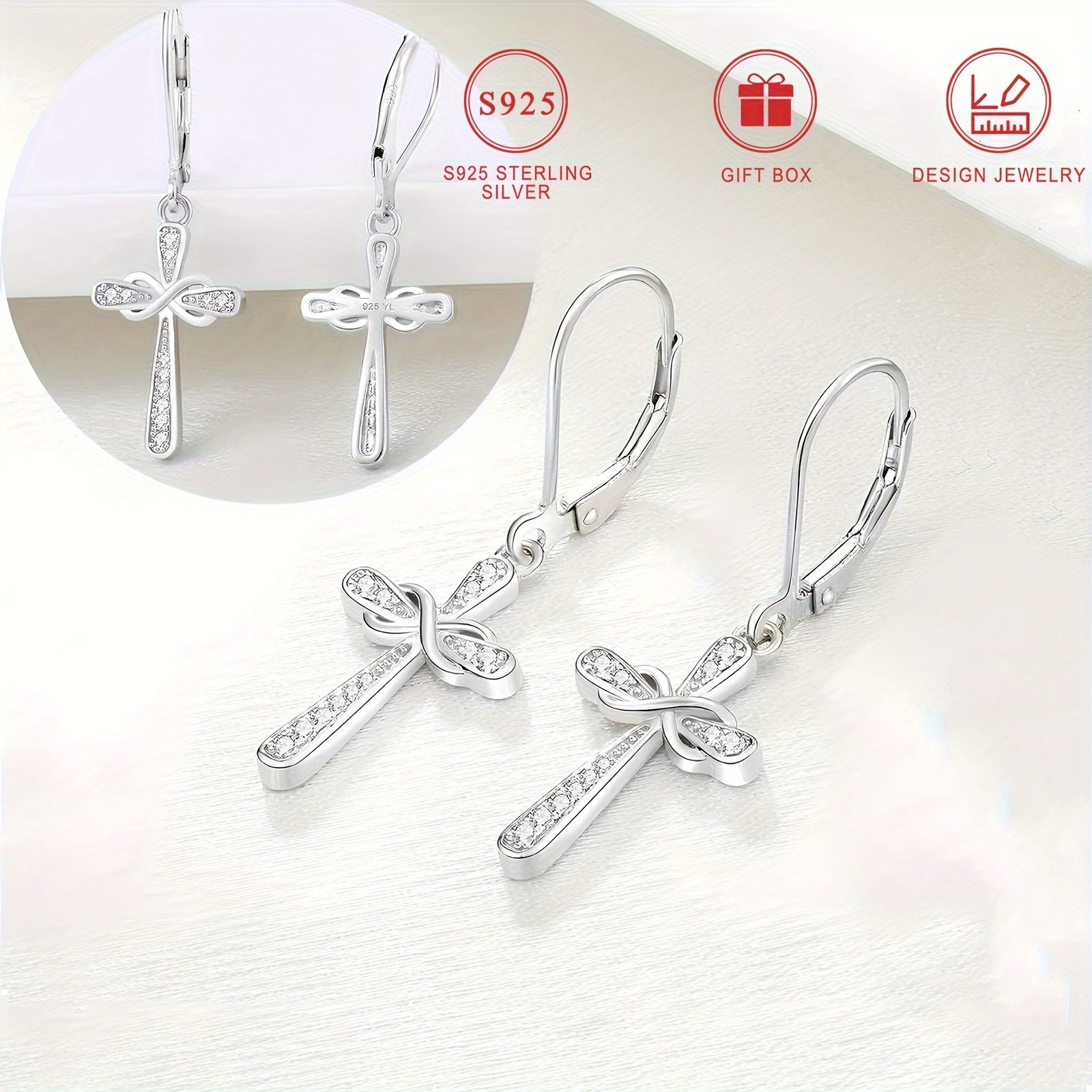 Exquisite Shiny 925 Sterling Silver Hypoallergenic Dangle Earrings - Cross Design with Zirconia Inlaid - Faithful Jewelry with Gift Box