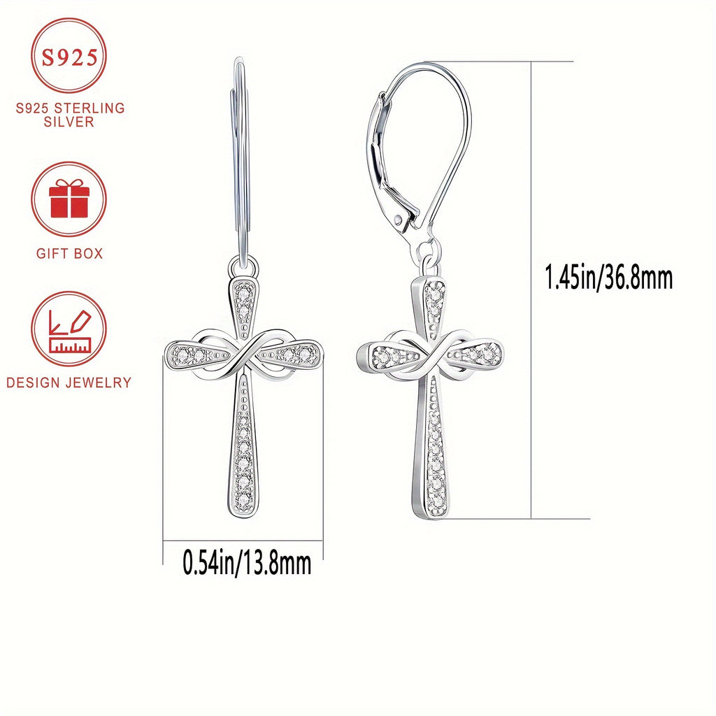 Exquisite Shiny 925 Sterling Silver Hypoallergenic Dangle Earrings - Cross Design with Zirconia Inlaid - Faithful Jewelry with Gift Box