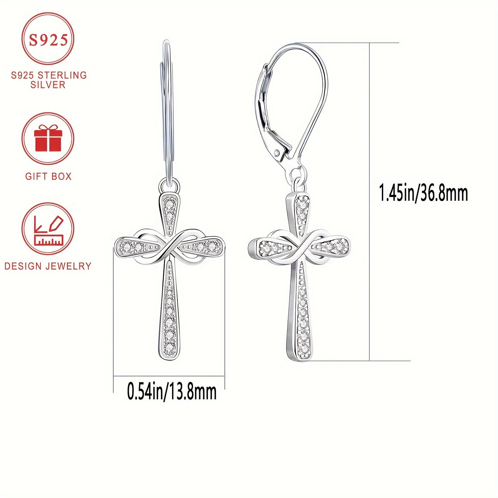 Exquisite Shiny 925 Sterling Silver Hypoallergenic Dangle Earrings - Cross Design with Zirconia Inlaid - Faithful Jewelry with Gift Box