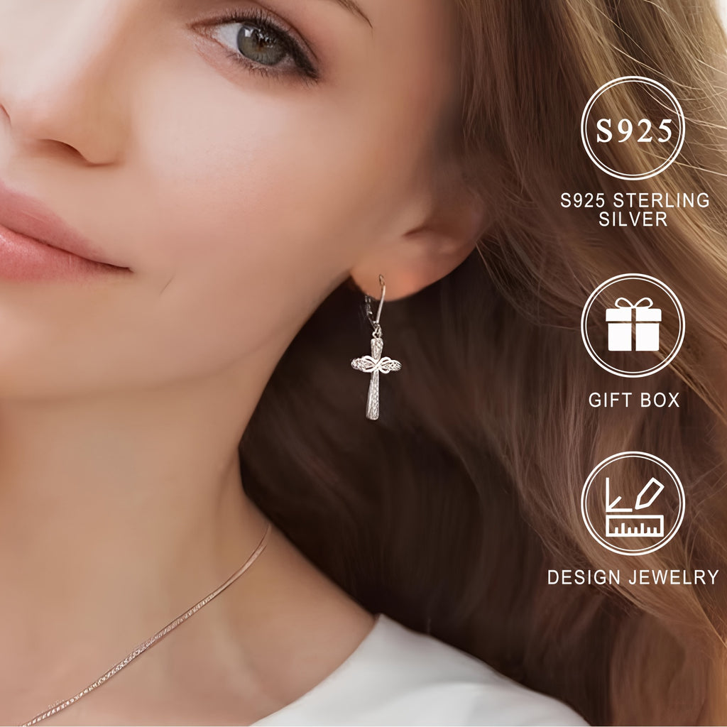 Exquisite Shiny 925 Sterling Silver Hypoallergenic Dangle Earrings - Cross Design with Zirconia Inlaid - Faithful Jewelry with Gift Box
