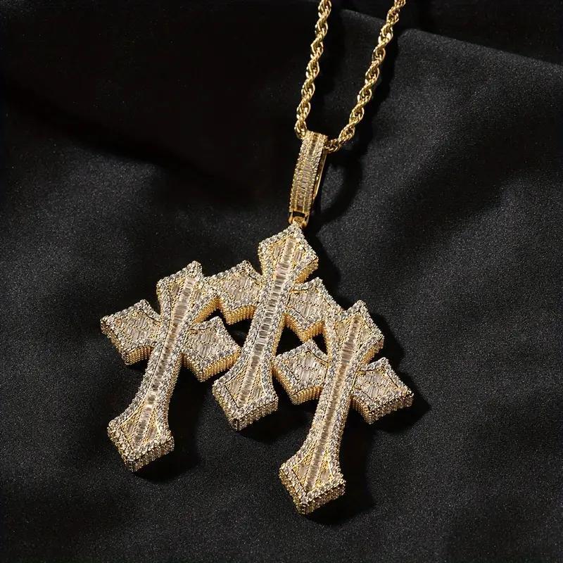 1pc Luxury Fashion Cross Jewelry 24inch Satinless Rope Chain Hip Hop Classic Retro Three-layer Cross Pendant Copper Inlaid Square Synthetic Cubic Zirconiaia Men's Cross Necklace
