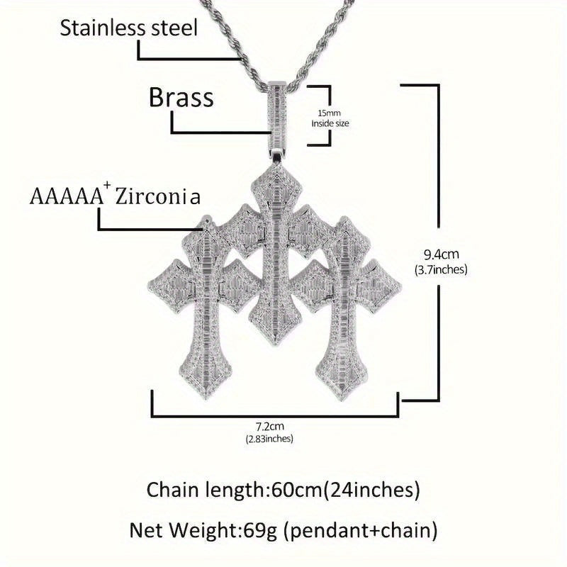 1pc Luxury Fashion Cross Jewelry 24inch Satinless Rope Chain Hip Hop Classic Retro Three-layer Cross Pendant Copper Inlaid Square Synthetic Cubic Zirconiaia Men's Cross Necklace
