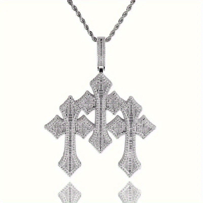 1pc Luxury Fashion Cross Jewelry 24inch Satinless Rope Chain Hip Hop Classic Retro Three-layer Cross Pendant Copper Inlaid Square Synthetic Cubic Zirconiaia Men's Cross Necklace