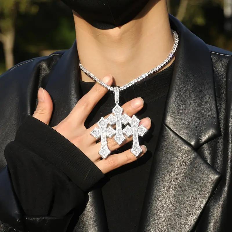 1pc Luxury Fashion Cross Jewelry 24inch Satinless Rope Chain Hip Hop Classic Retro Three-layer Cross Pendant Copper Inlaid Square Synthetic Cubic Zirconiaia Men's Cross Necklace